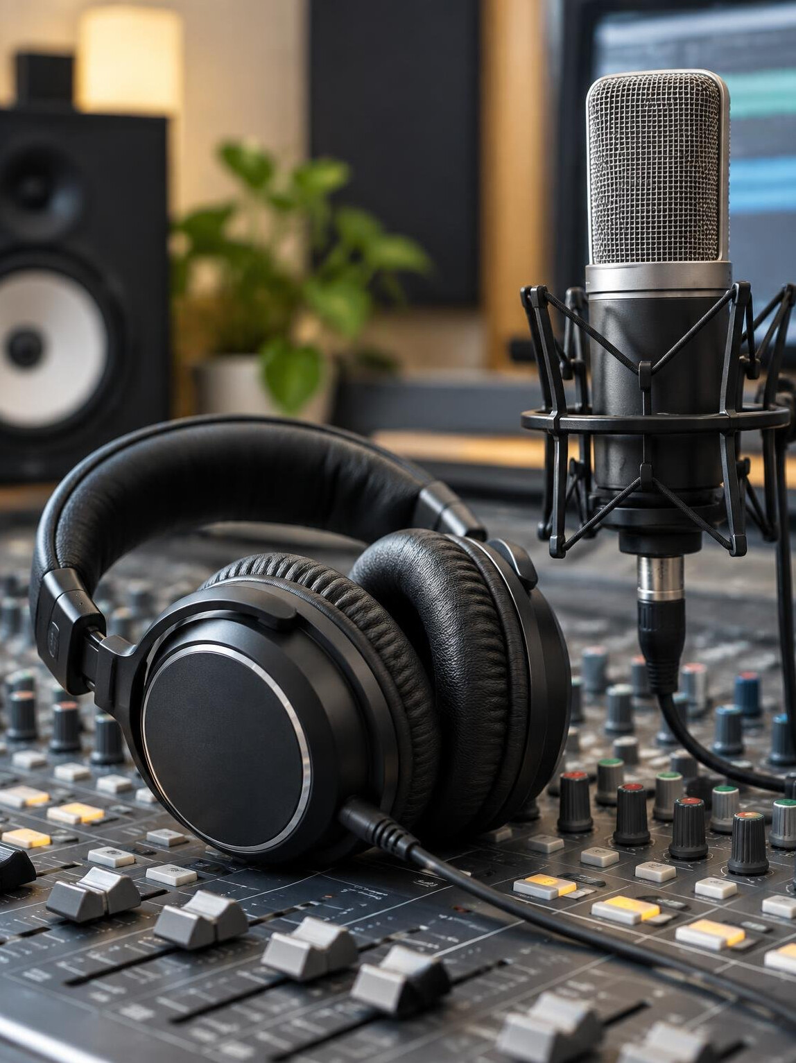 Recording studio headphones and microphone