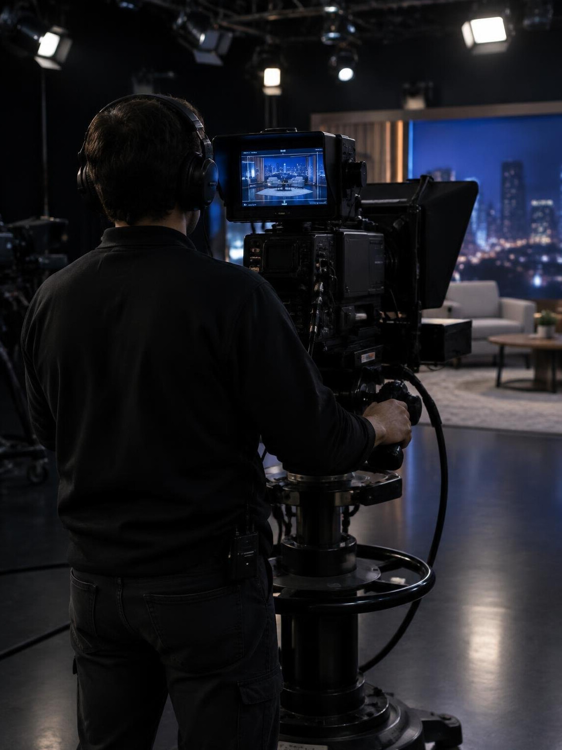 Camera operator silhouette at a studio camera